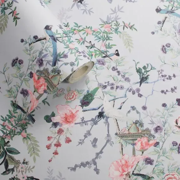 Floral Wallpaper with Smooth Finish - Grey
