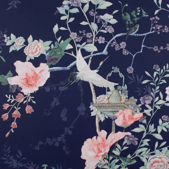 Floral Wallpaper with Smooth Finish - Navy Blue