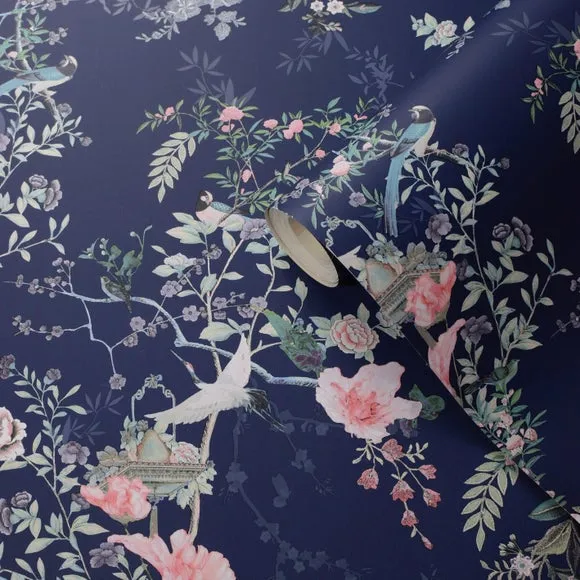Floral Wallpaper with Smooth Finish - Navy Blue
