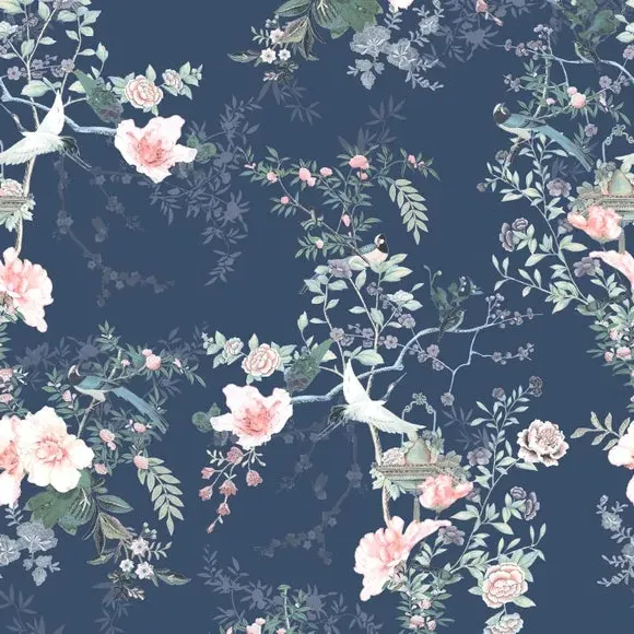 Floral Wallpaper with Smooth Finish - Navy Blue