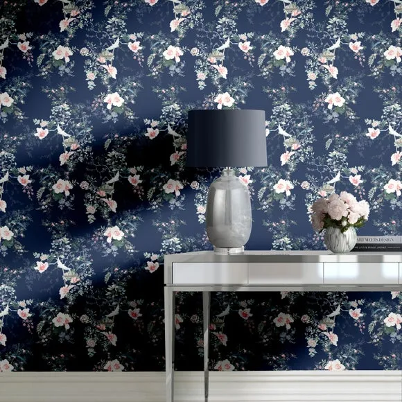 Floral Wallpaper with Smooth Finish - Navy Blue