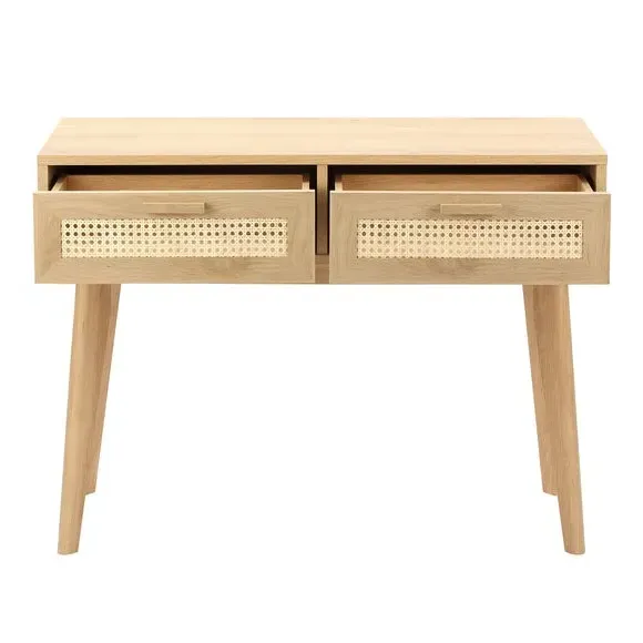 Console Table with Rattan Detail - Light Oak