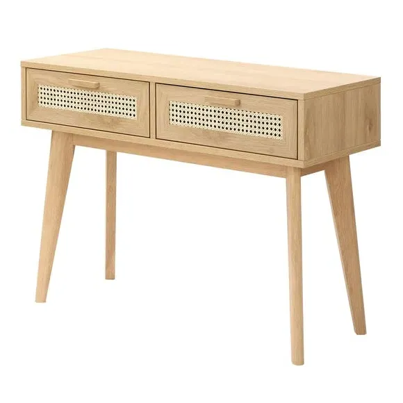Console Table with Rattan Detail - Light Oak