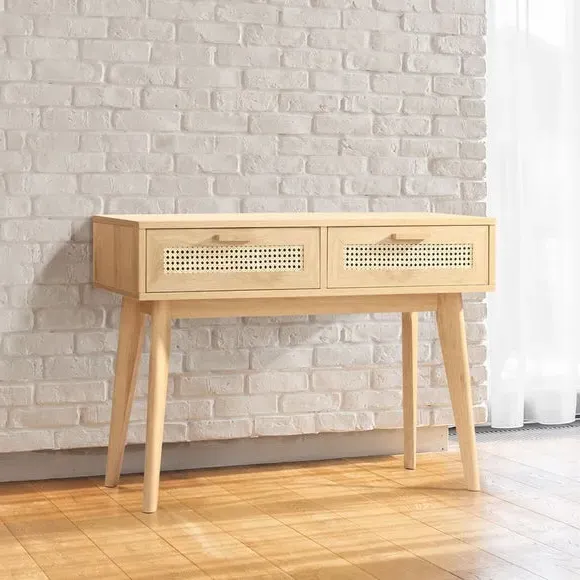 Console Table with Rattan Detail - Light Oak image
