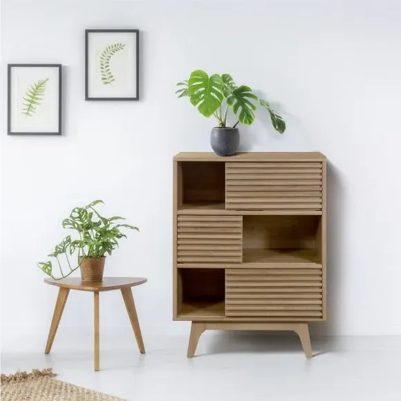 Tall Storage Cabinet with Slatted Doors - Oak image