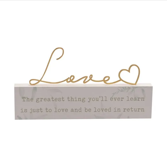 Love Ornament Plaque with Gold Lettering - White