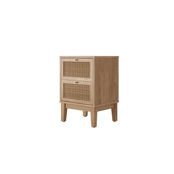 2-Drawer Bedside Cabinet - Light Wood, Rattan