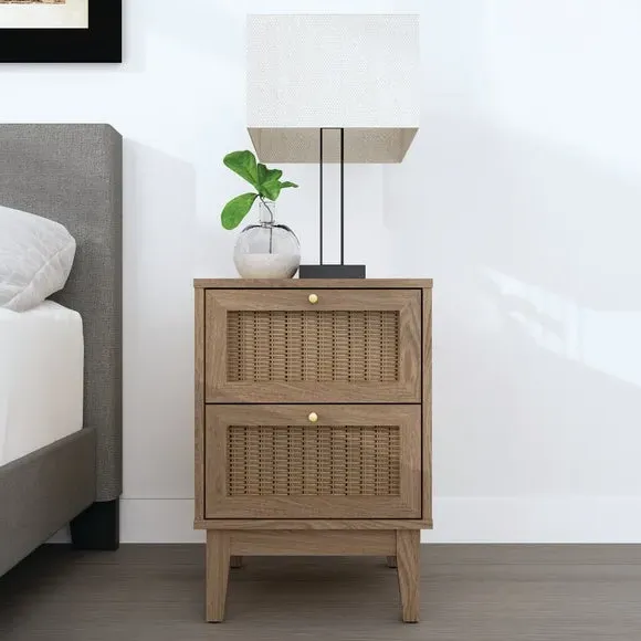 2-Drawer Bedside Cabinet - Light Wood, Rattan image