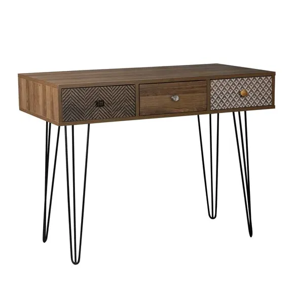 3-Drawer Desk with Hairpin Legs - Dark Wood