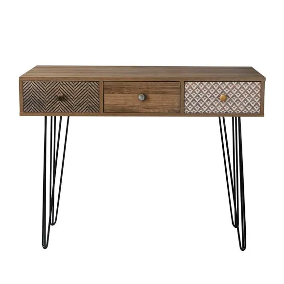 3-Drawer Desk with Hairpin Legs - Dark Wood image