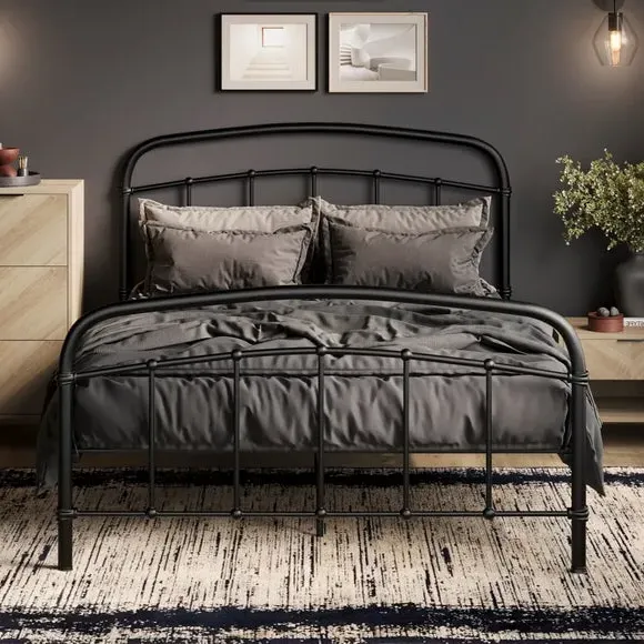 Bed Frame with Sprung Slats - Black, Metal
