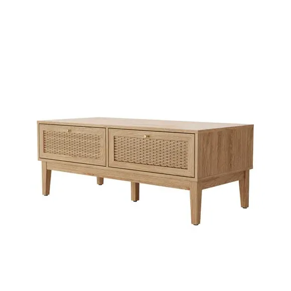 Coffee Table with 2 Drawers - Wood, Rattan