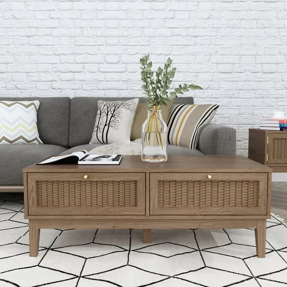 Coffee Table with 2 Drawers - Wood, Rattan image