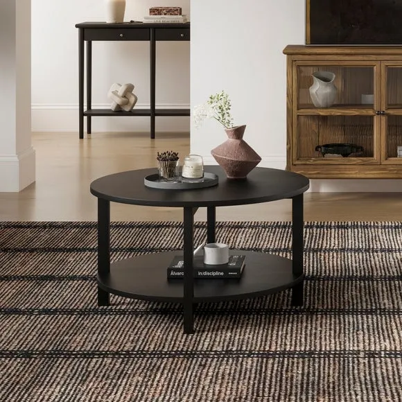 Coffee Table with Shelf - Black, Oak Wood image