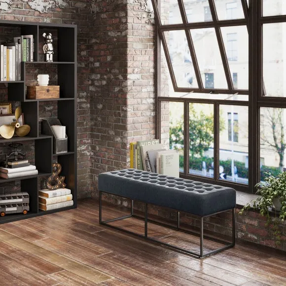 Dining Bench with Tufted Seat - Steel, Chenille