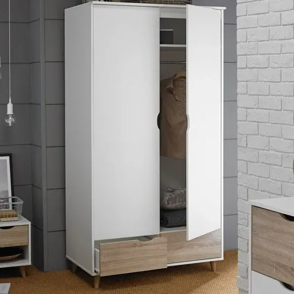Double Wardrobe with Drawers - White, Oak