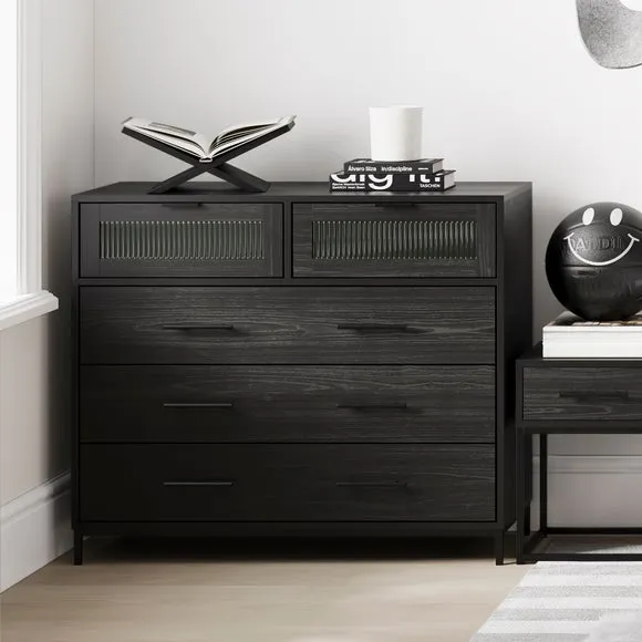5-Drawer Chest with Reeded Glass - Black, Wood image
