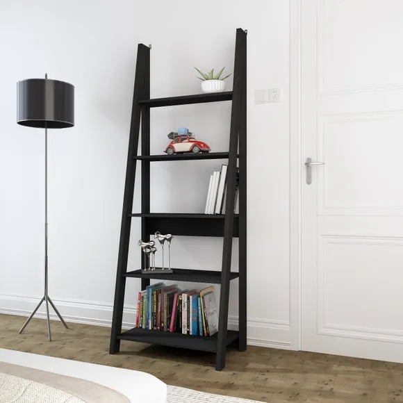 Ladder Bookcase with Open Shelves - Black Wood image