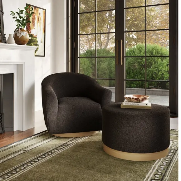 Swivel Chair with Wood Base - Black, Boucle image