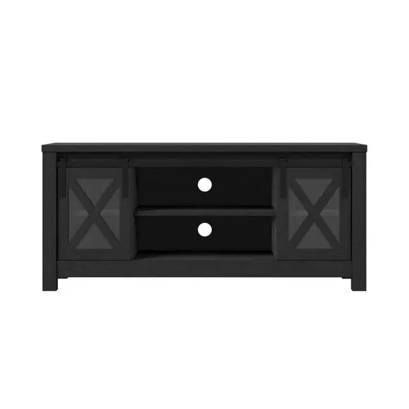 TV Unit with Sliding Doors - Black, Glass