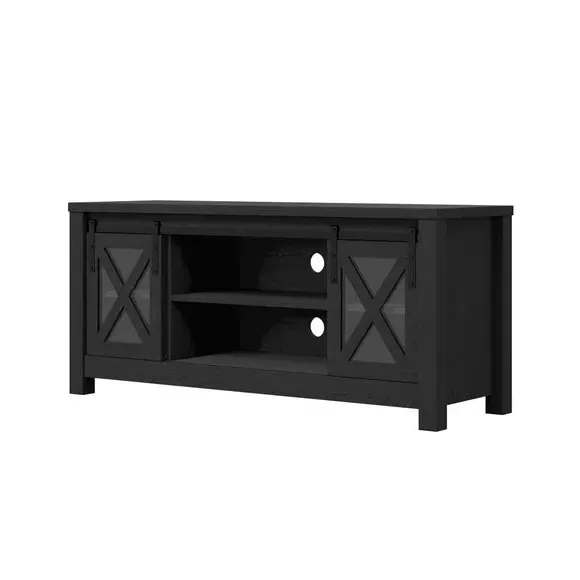 TV Unit with Sliding Doors - Black, Glass