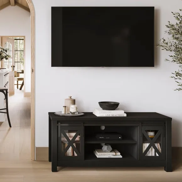 TV Unit with Sliding Doors - Black, Glass image