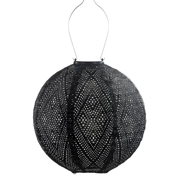 Round Solar Lantern with Ikat Pattern - Black image