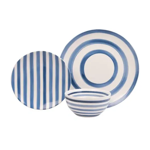 12 Piece Dinner Set with Stripes - Blue, Stoneware
