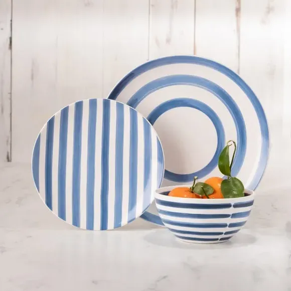 12 Piece Dinner Set with Stripes - Blue, Stoneware image