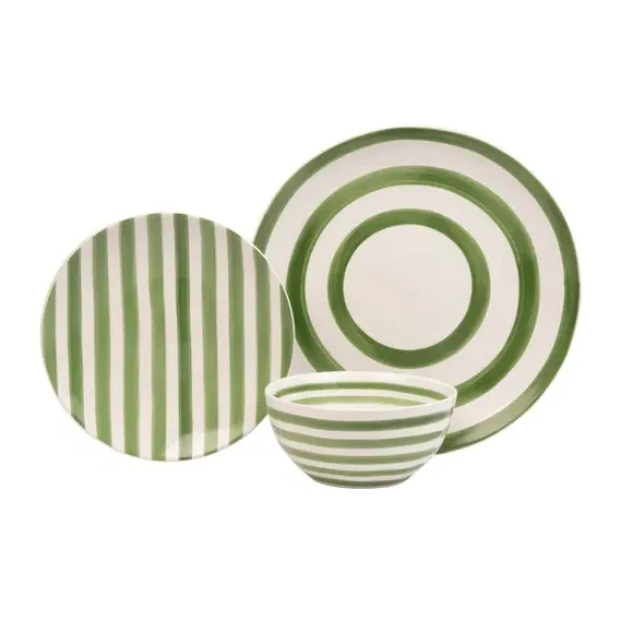 12 Piece Dinner Set with Stripes - Green, Stoneware