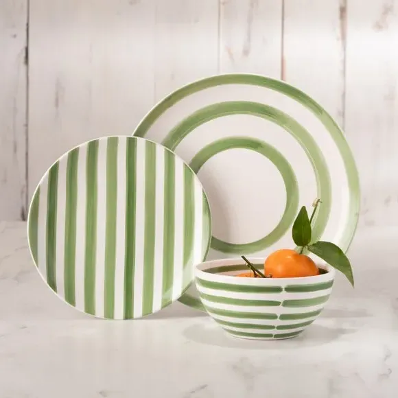 12 Piece Dinner Set with Stripes - Green, Stoneware