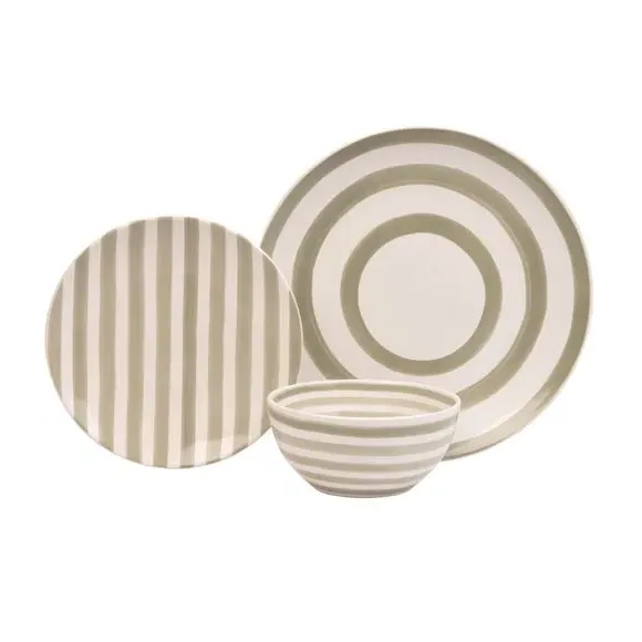 12 Piece Dinner Set with Stripes - Grey, Stoneware