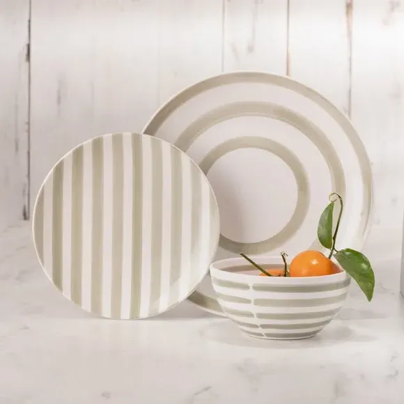 12 Piece Dinner Set with Stripes - Grey, Stoneware