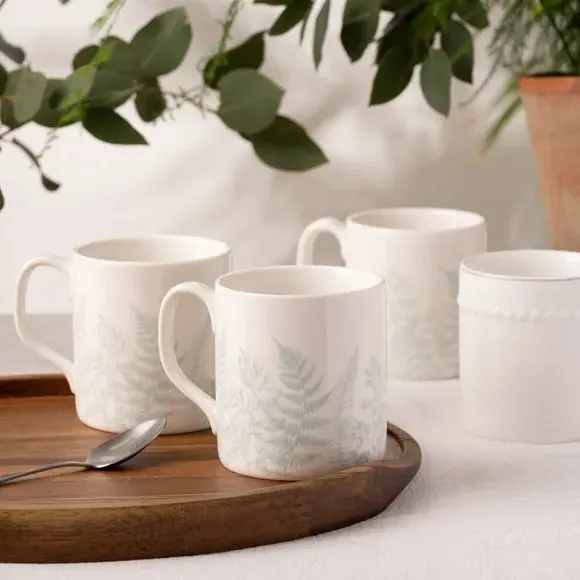 Set of 2 Mugs Botanical Design - White, China