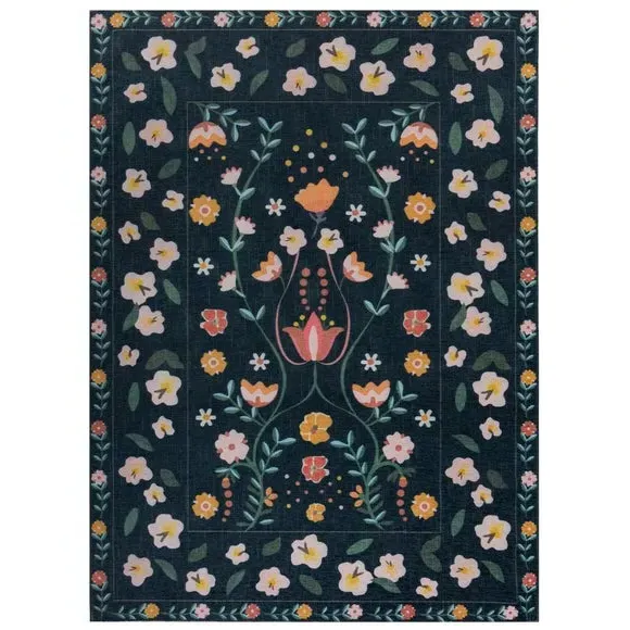 Washable Rug Nordic Floral - Blue, Two-Layer