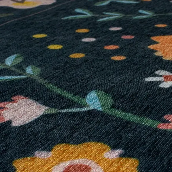 Washable Rug Nordic Floral - Blue, Two-Layer