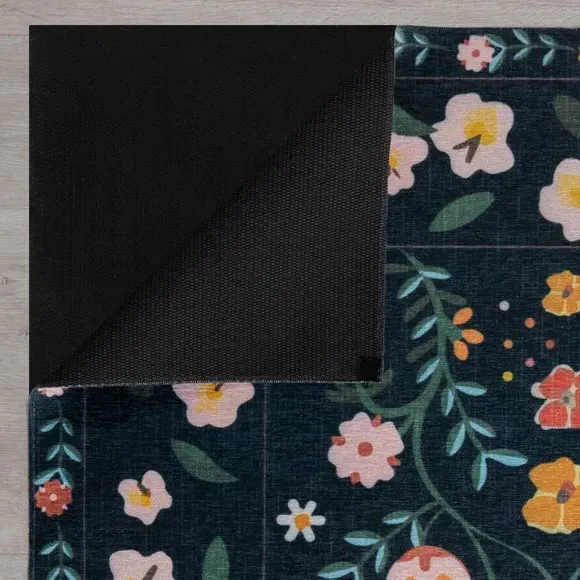 Washable Rug Nordic Floral - Blue, Two-Layer