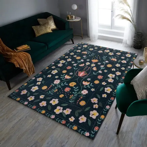 Washable Rug Nordic Floral - Blue, Two-Layer image