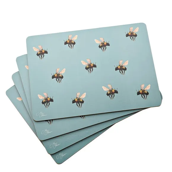 Set of 4 Placemats with Bee Design - Blue