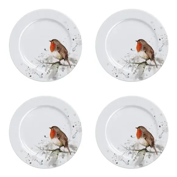 Set of 4 Side Plates with Robin Design - White image