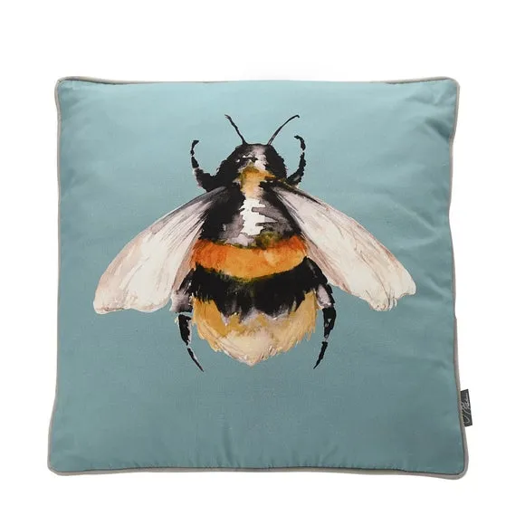 Square Cushion with Bee Print - Blue, Fabric