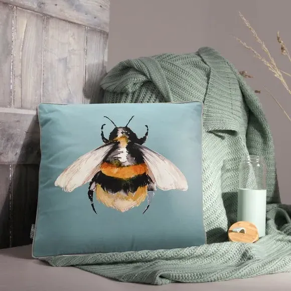Square Cushion with Bee Print - Blue, Fabric image