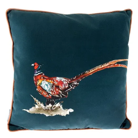 Square Cushion with Pheasant Print - Teal
