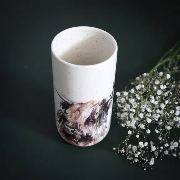 Tall Ceramic Vase Highland Cow Design - White