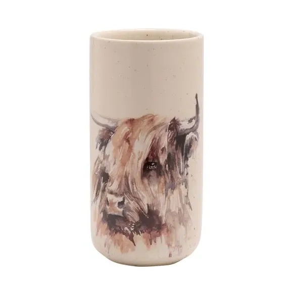 Tall Ceramic Vase Highland Cow Design - White