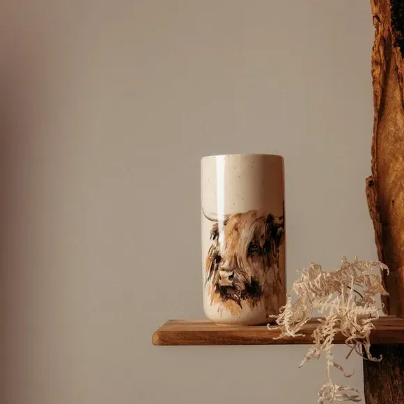 Tall Ceramic Vase Highland Cow Design - White image