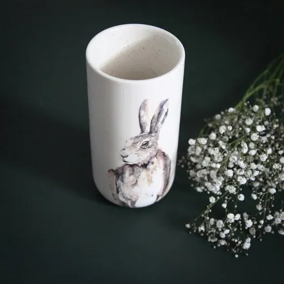 Tall Ceramic Vase with Hare Design - White