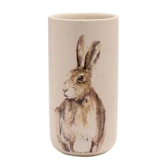Tall Ceramic Vase with Hare Design - White