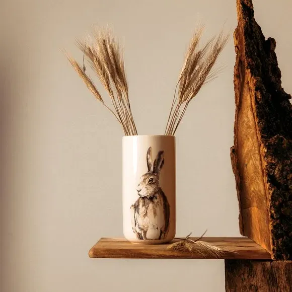 Tall Ceramic Vase with Hare Design - White image