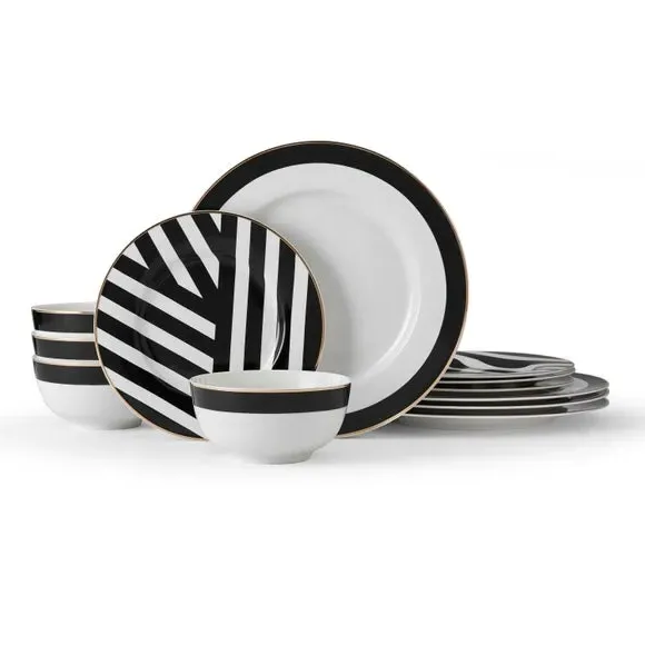 12-Piece Dinner Set Art Deco - Black, China